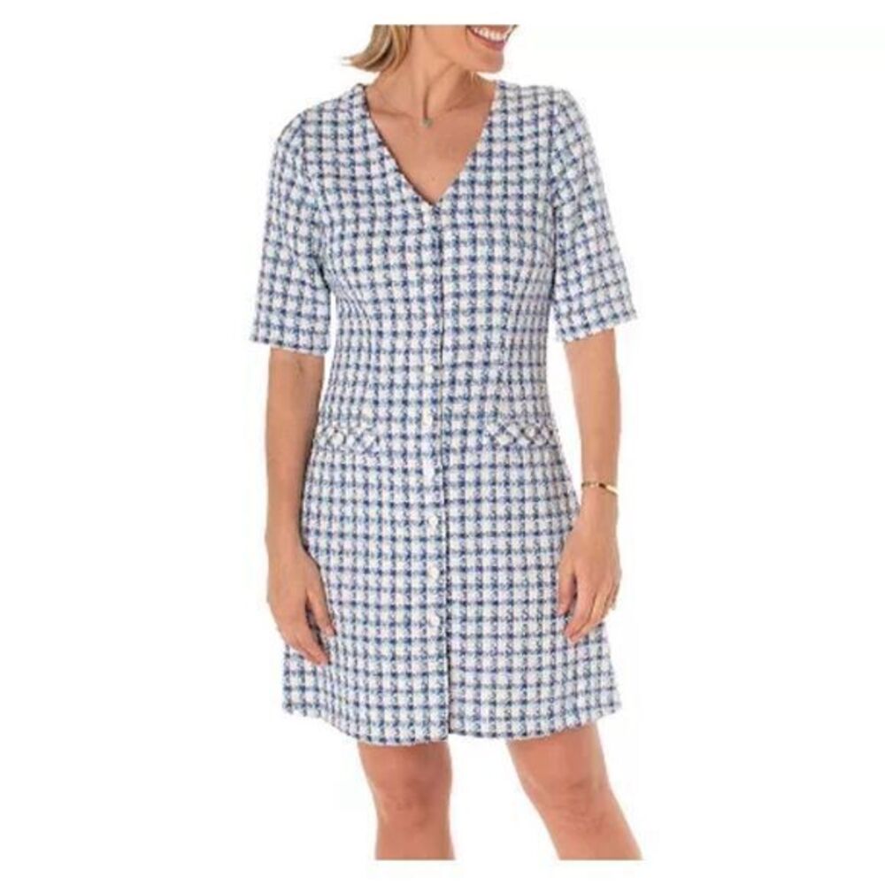 Melonie T Tweed Dress Womens Size 10 Blue White Pattern Button Front Work Preppy